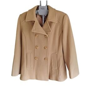 Croft & Barrow Women's Tan Pea Coat Jacket Double Breasted Classic wool blend